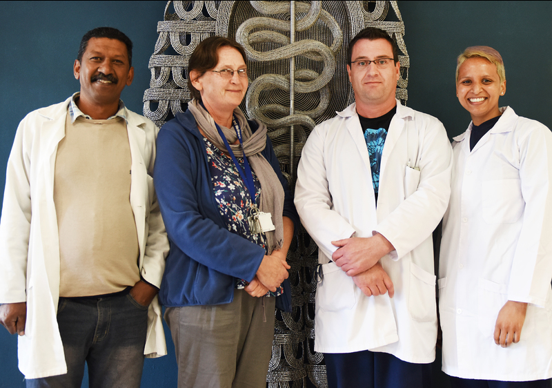 The team that administers and runs the body donor programme and ensures that the labs are prepared and the cadavers maintained in optimal conditions (from left): Deon Abrahams, Caroline Powrie, Michael Cassar and Shirees Benjamin.