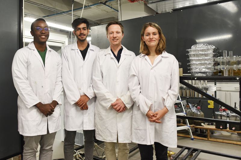 (From left) Tinashe Chipako, Bilaal Kowdur, project leader Dr Dyllon Randall and Suzanne Lambert in the lab. (Absent:&nbsp;Craig Flanagan.)