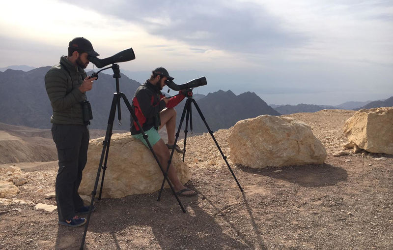 John Kinghorn and Andrew de Blocq peering through their spotting scopes. One of the highlights for the team was watching migrating raptors and storks over the Eilat Mountains. Photo Werner van der Walt.