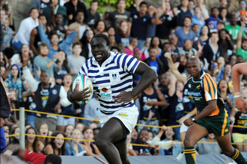 Put foot: Ikey centre David Ambunya gave the home team the lead by touching down in the first half of the FNB Varsity Cup opener. The Ikey Tigers held the Nelson Mandela Metropolitan University's Madibaz to a 5-5 draw.