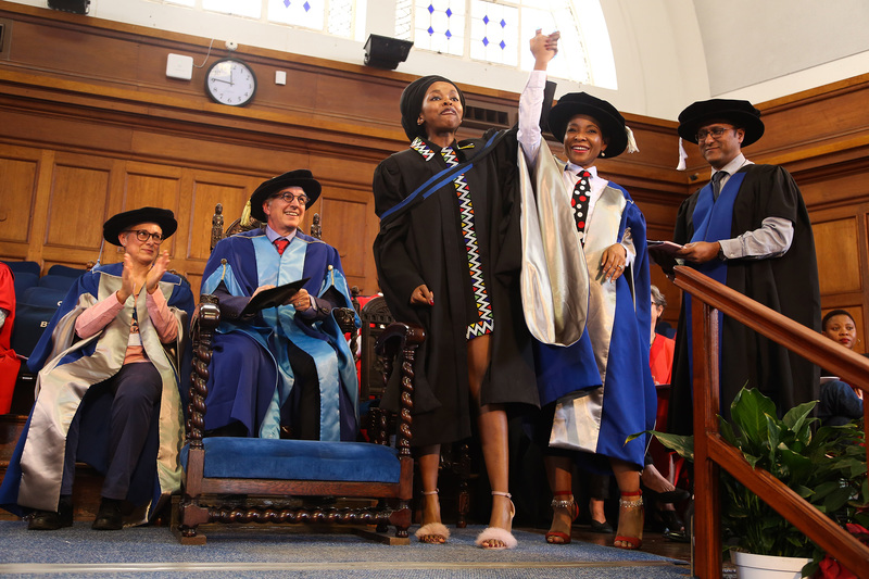 Prof Mamokgethi Phakeng, deputy vice-chancellor for research and internationalisation, celebrates with a student at the Faculty of Humanities graduation ceremony on 6 April. <b>Photo</b>&nbsp;Je&rsquo;nine May.
