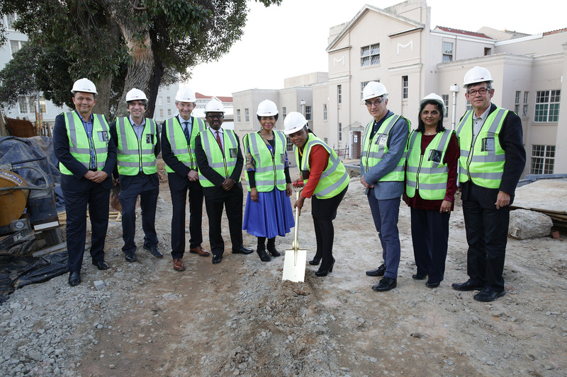 (From left) Dr Keith Cloete, Professor Dan Stein, Professor Graham Fieggen, Professor Bongani Mayosi, Professor Mamokgethi Phakeng, Prof Nomafrench Mbombo, Dr Max Price, Dr Bhavna Patel and Professor Gregory Hussey at the site of the new Neuroscience Centre, situated at Groote Schuur Hospital.