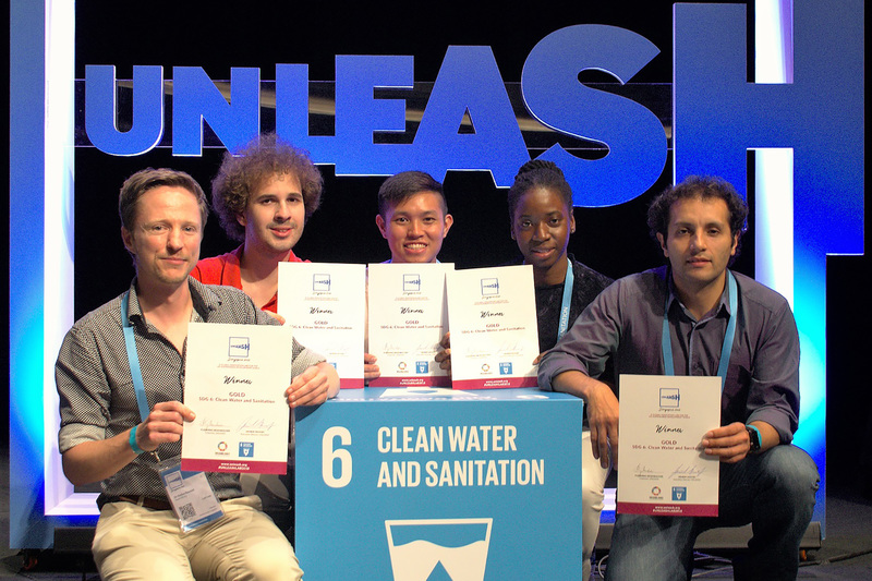 (From left) Dr Dyllon Randall and his group of Diego Guglielmi (Uruguay), Ong Zhi Siong (Singapore), Shima Holder (Barbados) and Diego Quintero Pulido (Colombia) took a first-place award at UNLEASH 2018 for their SaniHive waste recovery toilet hub for urban slums. They also won the Global Scalability Potential award.