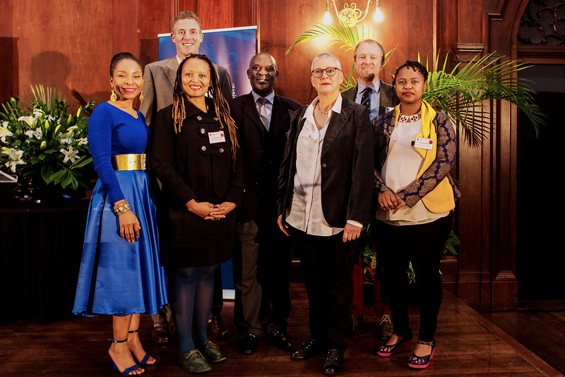 VC Mamokgethi Phakeng (left), Acting Deputy VC for Research and Internationalisation Prof Michael Kyobe (centre) and Deputy VC for Teaching and Learning Assoc Prof Lis Lange (third from right) with College of Fellows Young Researcher award winners (from left) Dr&nbsp;Asanda Benya, Dr&nbsp;Brendan Maughan-Brown, Assoc&nbsp;Prof&nbsp;Alistair Price and Dr&nbsp;Nomusa Makhubu.