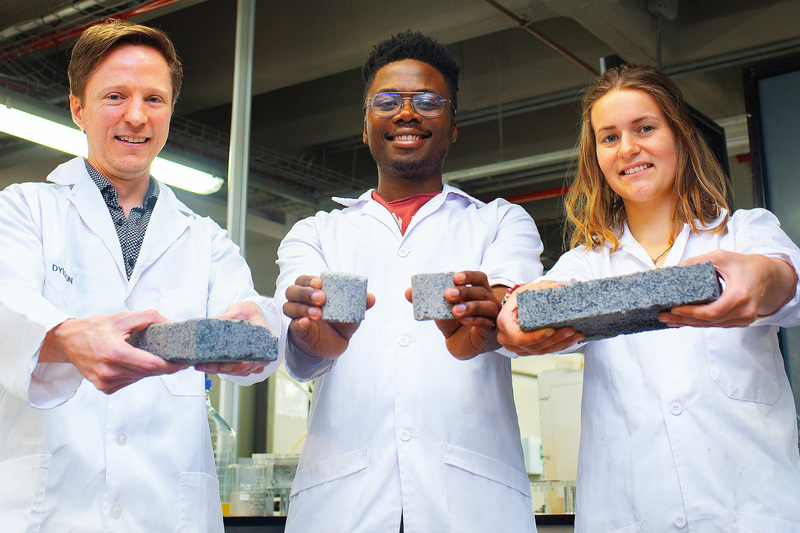 The world’s first bio-brick made using human urine was unveiled at UCT this week. In picture are (from left) the Department of Civil Engineering’s Dr Dyllon Randall and his students, Vukheta Mukhari and Suzanne Lambert.