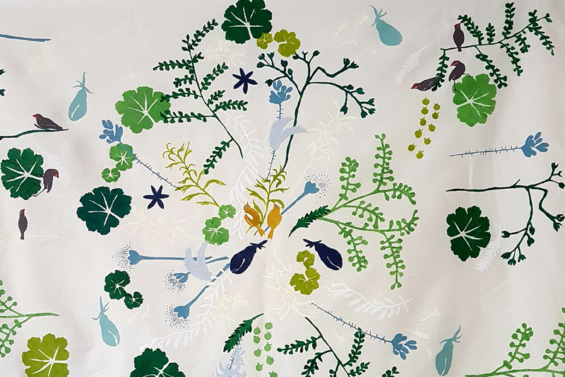 A detail of Thicket Garden, a stencil on linen by David Bellamy, with assistance from Nicola Poselthwaite.