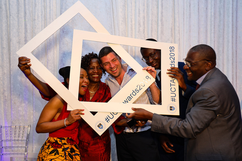 VC Prof Mamokgethi Phakeng (left) proved a popular subject choice for staff keen to make full use of the fun selfie frames at the gala event. <b>Photo</b>&nbsp;Roger Sedres.