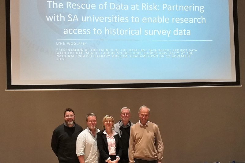 DataFirst manager Lynn Woolfrey with the rescue team (from left) Professor Michael Rogan and Dr John Reynolds, both of the Neil Aggett Labour Studies Unit at Rhodes University, Emeritus Professor Chris de Wet (Department of Anthropology, Rhodes) and Emeritus Professor Francis Wilson, DataFirst founding director.