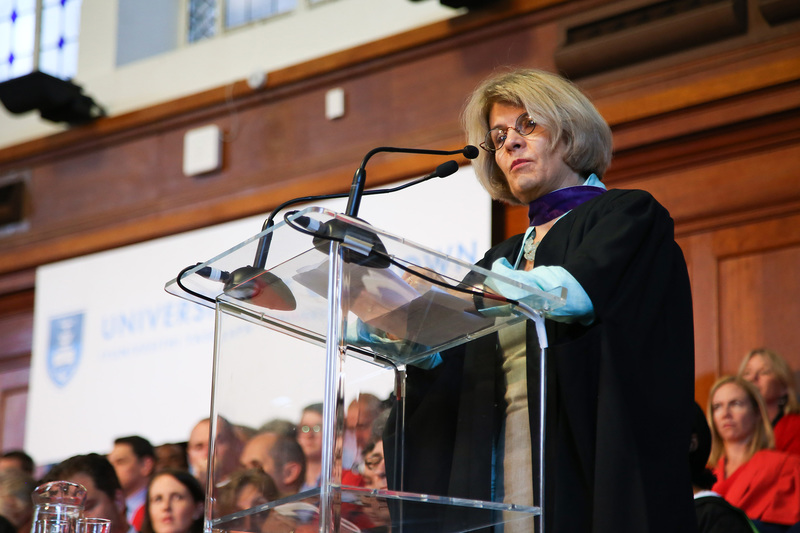 UCT alumnus, philanthropist and pioneer Annette-Campbell White addresses graduands and their loved ones.