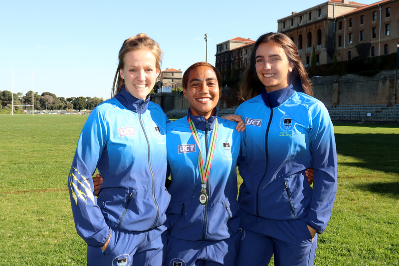 UCT athletes (from left) Megan McCarley, Amy Abrahams and Rebekah Swanepoel helped earn a gold medal in the women’s half marathon championship.