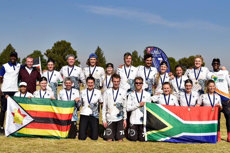UCT’s Flying Tigers first team celebrate their win in the mixed division of the WFDF 2019 All Africa Ultimate Championships.