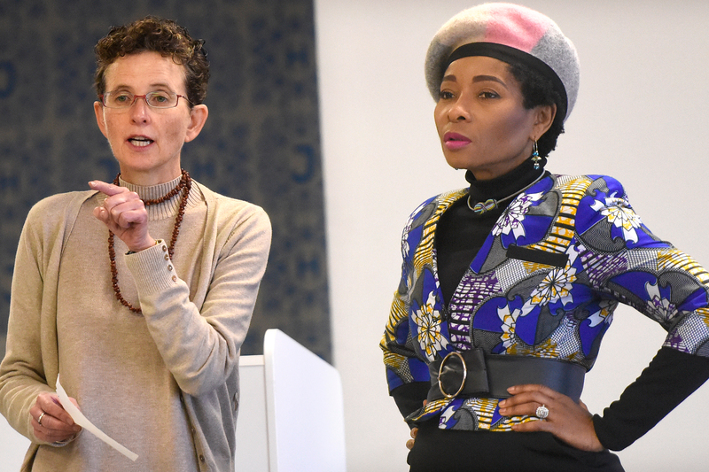Assoc Prof Kate le Roux (left) from the Language Development Group in UCT’s Academic Development Programme, on the podium with VC Prof Mamokgethi Phakeng during last week’s “Theories and research approaches on language and communication in multilingual mathematics classrooms” symposium.