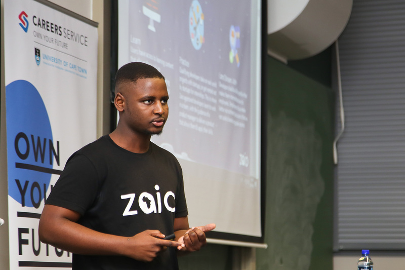 Mvelo Hlope, whose initiative Zaio won him the overall prize, presents details of the gamified platform during one of the regional rounds at UCT earlier in the year. <b>Photo</b> Je’nine May.