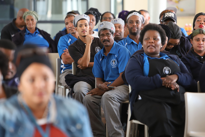 Annual meetings were held with UCT’s residence cleaning and catering staff to build relationships and recognise training and skills development. This group of catering staff was photographed at the meeting in Graça Machel Hall. <b>Photo</b> Michael Hammond