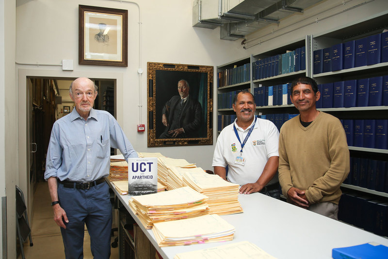 Emer Prof Howard Phillips with UCT archivists Stephen Herandien (middle) and Lionel Smidt (right), who played an integral part in the production of the book.