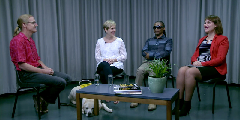 (From left) Brian Watermeyer, guide dog Panda and course participants Michelle Botha, Benedict Khumalo and Heidi Lourens during a panel discussion. These discussions form an integral part of the MOOC and take place at the end of every week.
