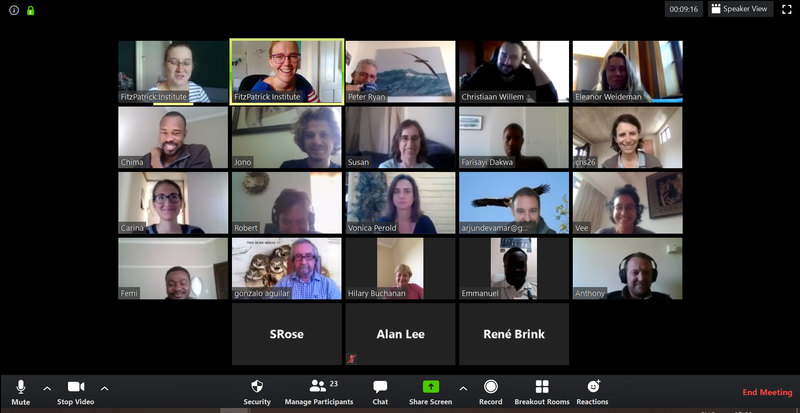 A screenshot of the FitzPatrick Institute’s virtual weekly tea meeting.