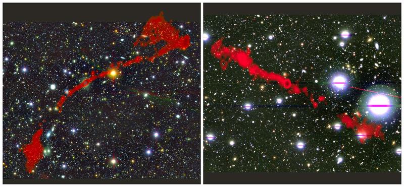 The two giant radio galaxies found with the MeerKAT telescope. In the background is the sky as seen in optical light. Overlaid in red is the radio light from the enormous radio galaxies as seen by MeerKAT. Left: MGTC J095959.63+024608.6. Right: MGTC J100016.84+015133.0.