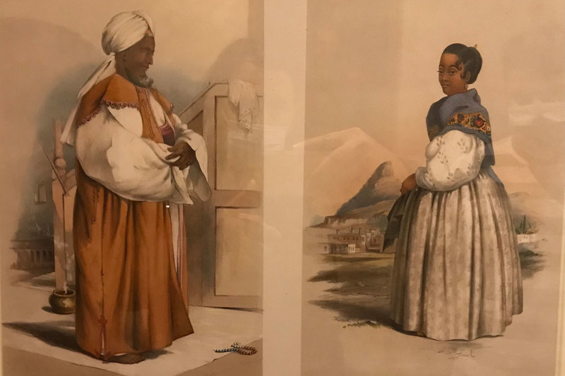 Former slave, imam, teacher and tailor Hadje Gasanodien, or Carel Pelgrim, and his wife, Nasea, painted by George French Angas, 1849 (Castle of Good Hope). <b>Photo</b> Halim Gençoğlu.