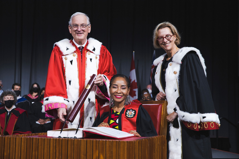 VC Prof Mamokgethi Phakeng is among the nine distinguished recipients of honorary doctorates from the University of Ottawa for “their substantial contributions to their profession, to science and/or to society at large”. In picture, from left: Jacques Frémont, the president and vice-chancellor of the University of Ottawa; Prof Mamokgethi Phakeng, vice-chancellor of UCT; and Annick Bergeron, the secretary general of the University of Ottawa.
