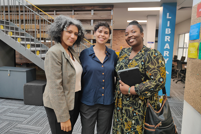 Team Finclusive at the Map the System regional final, held at the UCT GSB Solution Space on 4 May 2022. From left: Lauren Fray, Janine Rutsch and Makha Baloyi.
