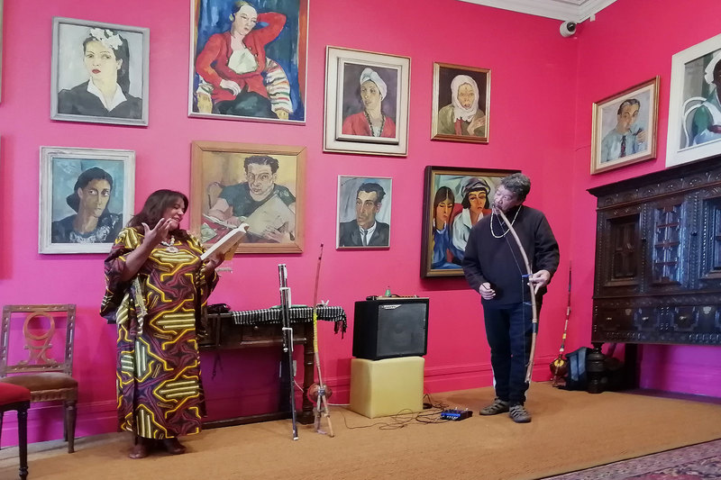 African studies scholar Assoc Prof June Bam-Hutchison and musician and artist Garth Erasmus at the UCT Irma Stern Museum where they presented a joint improvisational spoken word and music piece using traditional Khoi and San instruments