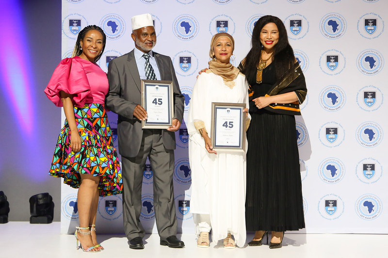 Three long servers each clocked up 45 years of service.  In the picture are two of the awardees Nazeem Damon (Faculty of Health Sciences) and Shakiera Lukan (UCT Libraries), with VC Prof Mamokgethi Phakeng and Chancellor Dr Precious Moloi-Motsepe. (Not in picture: Graham Fowle, Faculty of Science.)