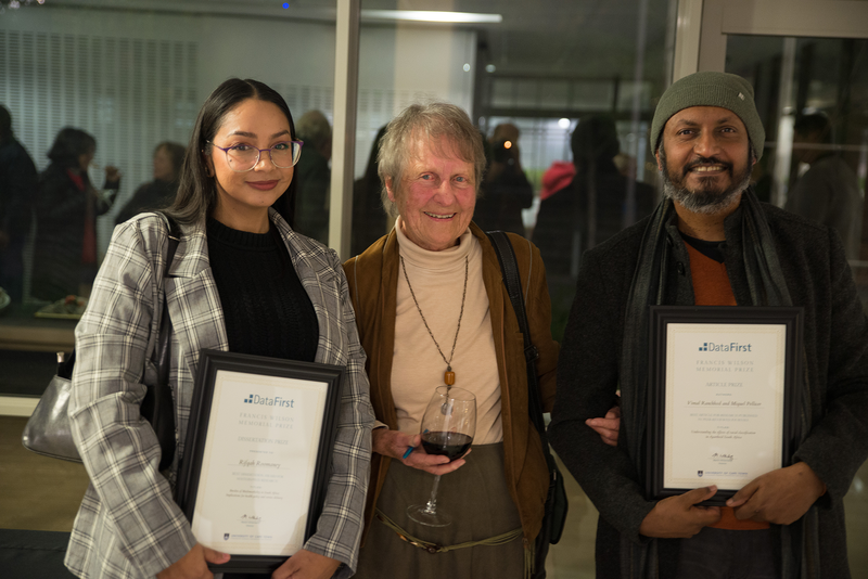 The late Emer Prof Francis Wilson’s widow, Lindy Wilson (middle), congratulates the winners of the Francis Wilson Memorial Prize for Data-Driven Research Dr Rifqah Roomaney of the University of the Western Cape (left) and UCT’s Prof Vimal Ranchhod of SALDRU. <b>Photo</b> Prof Martin Wittenberg.