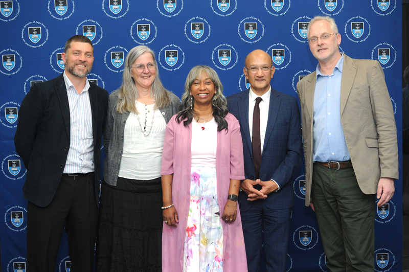Photographed at the induction of the new UCT Fellows were (From left) Prof&nbsp;Thomas Scriba, DVC Prof&nbsp;Sue Harrison, Prof&nbsp;Liesl Zühlke, VC interim Emer Prof&nbsp;Daya Reddy, Prof&nbsp;Tom Moultrie (Not in picture: Prof Wendy Burgers).