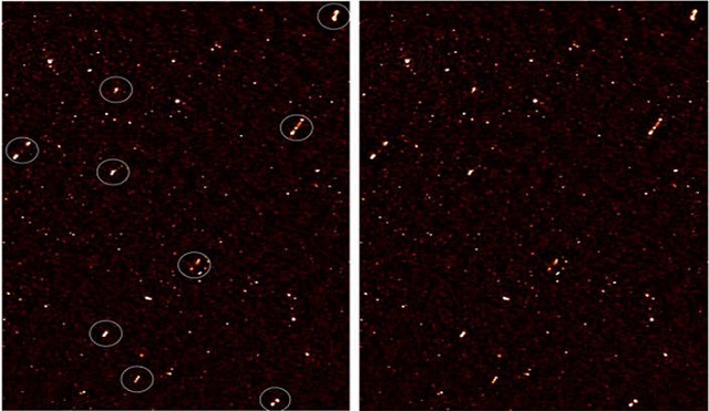 An image of the deep radio map covering ELAIS-N1 region, with aligned galaxy jets. The image on the left has white circles around the aligned galaxies; the image on the right is without the circles. Image supplied by Prof Russ Taylor, UCT