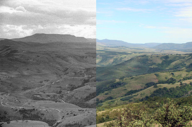 These two photos, taken 73 years apart (in 1945 and 2018), illustrate the change in woody plant cover on the Jumbla Range in the Eastern Cape of South Africa. (left: Acocks, John Phillip Harison © SANBI [1945] and licensed under Creative Commons licence CC-BY; right: Zander and Samantha Venter)