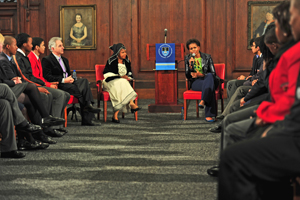 Self belief: US First Lady Michelle Obama (right) speaks to learners in Fuller Hall at UCT. On her left are vice-chancellor Dr Max Price and former VC Dr Mamphela Ramphele.
