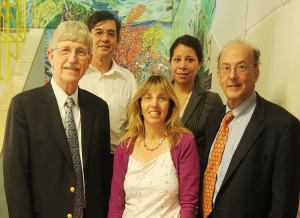 (Front from left) Dr Francis Collins, Prof Heather Zar, Dr Roger Glass, and (back, from left) deputy dean Prof Gregory Hussey and Stacy Wallick