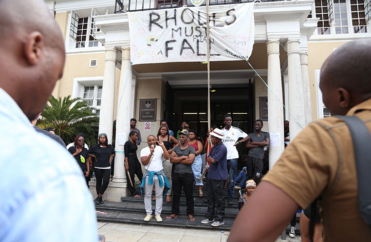 With the occupation of &lsquo;Azania House&rsquo; by Rhodes Must Fall supporters in full swing, Chumani Maxwele addresses students on 23 March. Photo by Je&rsquo;nine May.