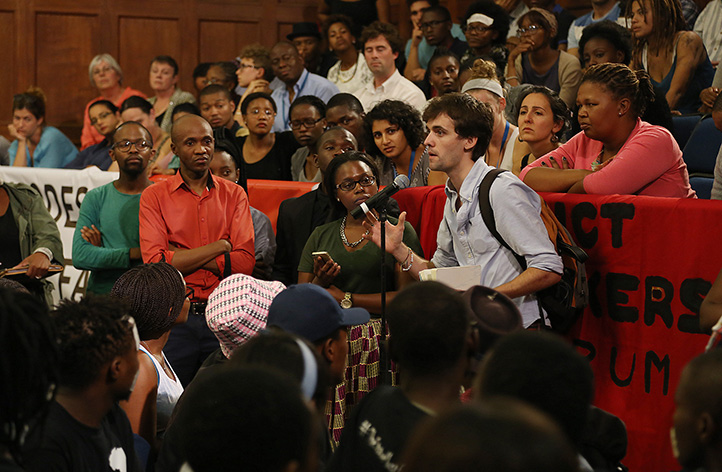 The University Assembly in Jameson Hall on 25 March was one of the biggest civil-action gatherings the hall has seen in recent years. Here, a student takes the mic to express his views on transformation, the Rhodes statue and UCT&rsquo;s institutional climate. Photo by Je&rsquo;nine May.