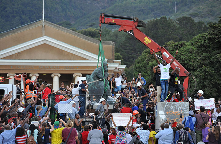 Students celebrate the removal of the Rhodes statue on 9 April. Photo by Michael Hammond.