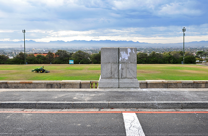 An empty plinth. The staircase landing above the rugby fields devoid of people, and for the first time since its relocation from below the rugby fields in 1962, devoid of the statue of Cecil John Rhodes. Photo by Michael Hammond.