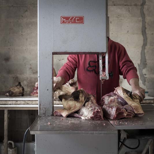 “I think these photographs speak a little bit about survival and dominance between human and animal. Here is a man working with dead flesh. There is that division between man, animal, life, death and sacrifice.”