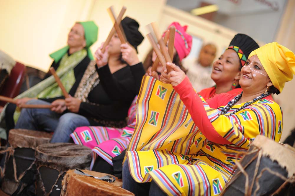 The Faculty of Commerce invited the Drum Café to lead the Africa Month celebrations on 25 May 2012. Pictured from right: Asia Brey, Nonnie Falala, Eleanor Williams, Fatima Driver and Rachel Esterhuizen.