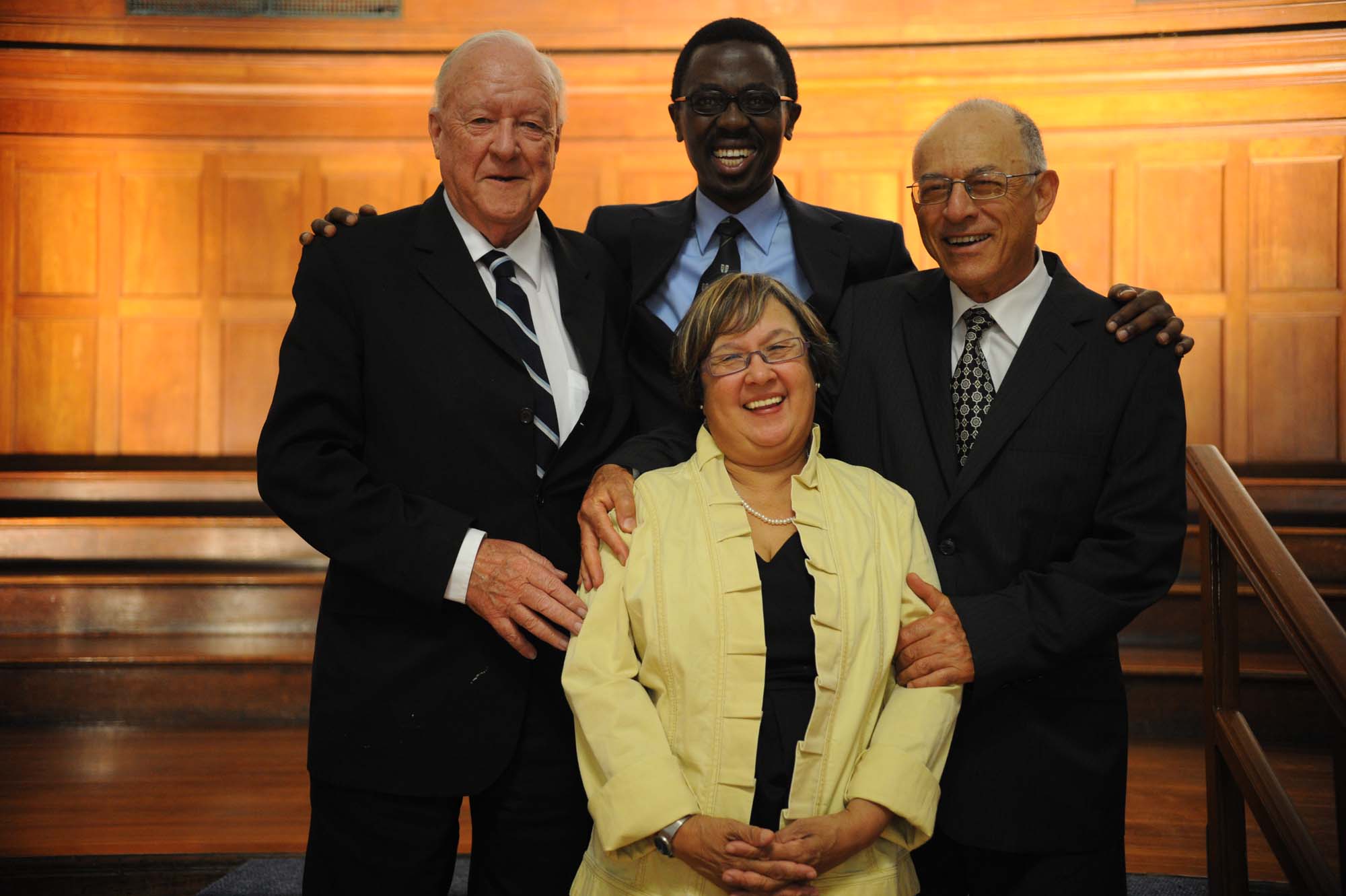 With the late Prof Bongani Mayosi (head of the Department of Medicine), Prof Solomon Benatar (former head of the Department of Medicine) and Prof Marian Jacobs (dean of the Faculty of Health Sciences) celebrating the 90th anniversary of UCT’s Department of Medicine in February 2010.