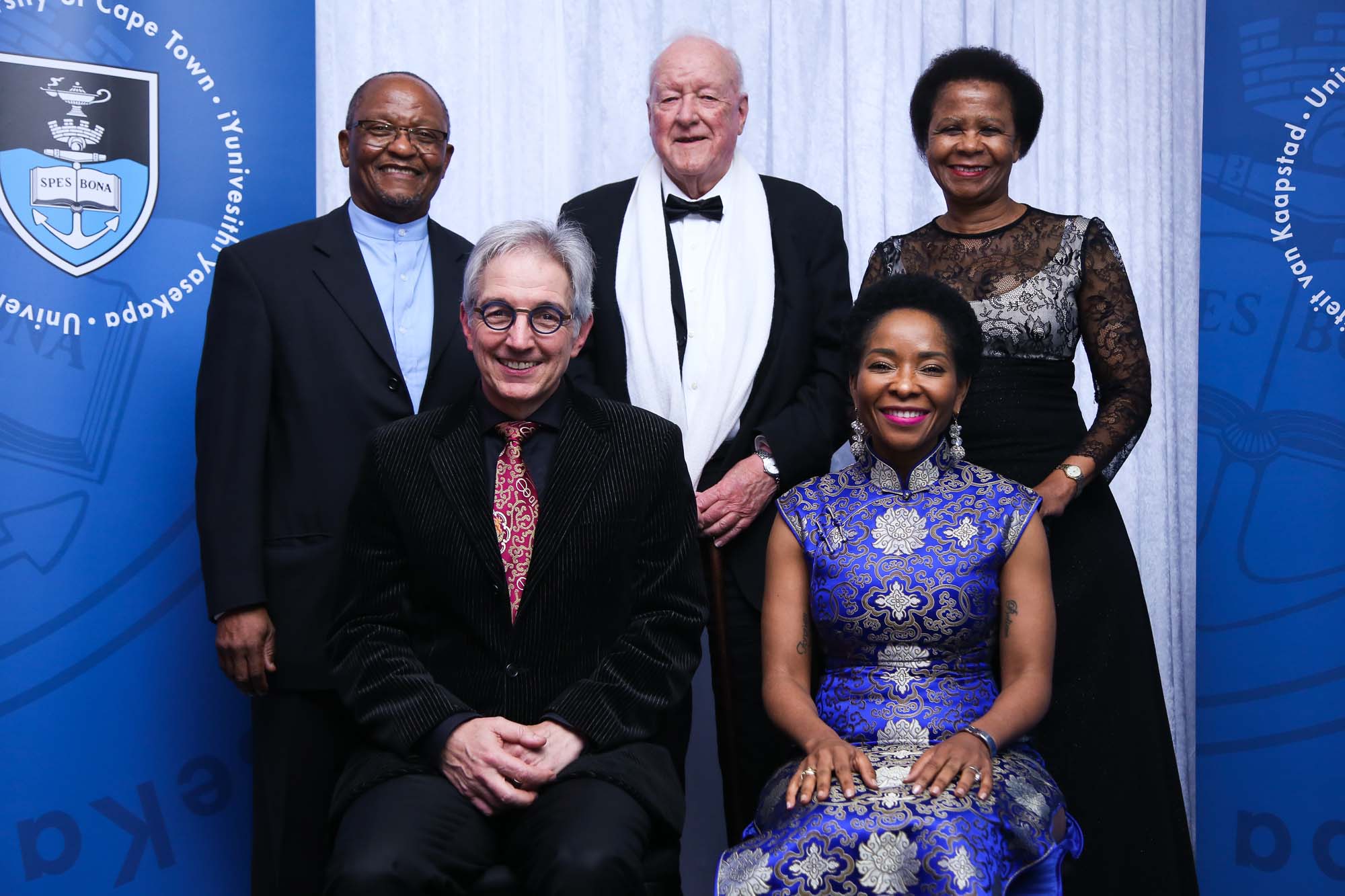 A farewell gala dinner at the V&A Waterfront for Dr Max Price saw five consecutive UCT vice-chancellors under the same roof: (from left) Prof Njabulo S Ndebele (2001–2008), Dr Max Price (2008–2018), Prof Stuart Saunders (1981–1996), Prof Mamokgethi Phakeng (2018–) and Dr Mamphela Ramphele (1997–2000).