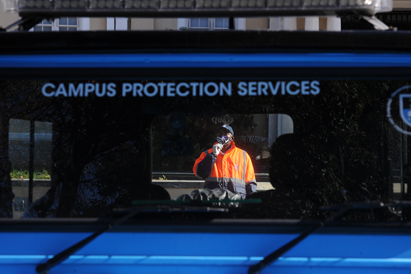 Campus Protection Services vehicle outside the Bremner Building on middle campus.