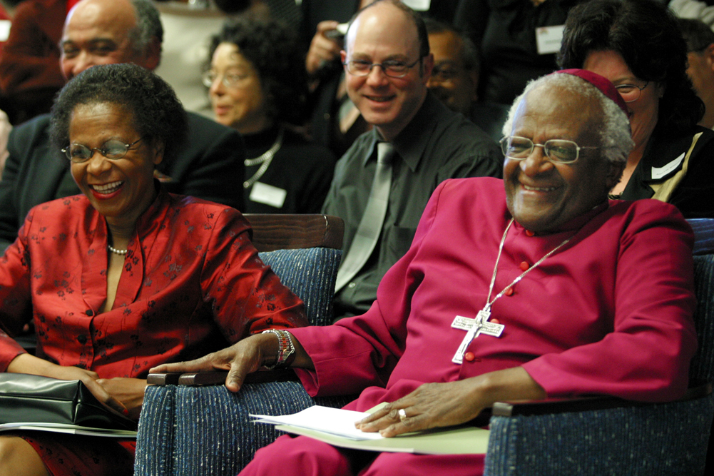 Former UCT vice-chancellor Dr Mamphela Ramphele and Archbishop Emeritus Desmond Tutu share a moment during the launch of the Desmond Tutu HIV Foundation in 2004. Photo Desmond Tutu HIV Foundation