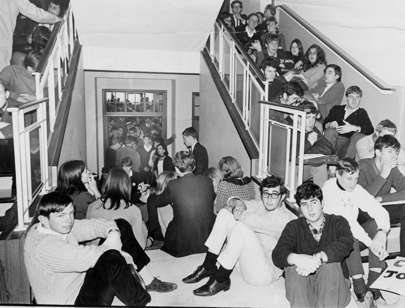Students during their nine-day sit-in of Bremner building. They continued their studies, cooked communally on Primus stoves and left the building mainly to wash.