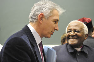 The truth will out: Vice-chancellor Dr Max Price and Archbishop Emeritus Desmond Tutu at the Speak Truth to Power forum at UCT.