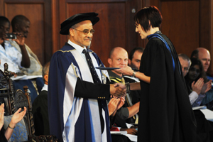 Congratulations: Carla Fourie, one of the winners of the 2009 Distinguished Teacher Awards, is congratulated by deputy vice-chancellor Professor Crain Soudien.