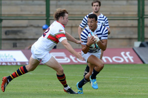 It's mine: Ikey fullback Dillyn Leyds tries to keep the ball safely away from Tuks centre Christopher Bosch in the FNB Varsity Cup round two contest.