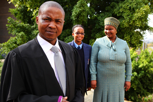 Joseph Khohlokoane, who graduated 17 years after completing a BSocSci, attended his graduation with his wife, Zoleka (far right), and daughter, Palesa. His employer, Willem Venter, drove the family to Cape Town for the graduation.