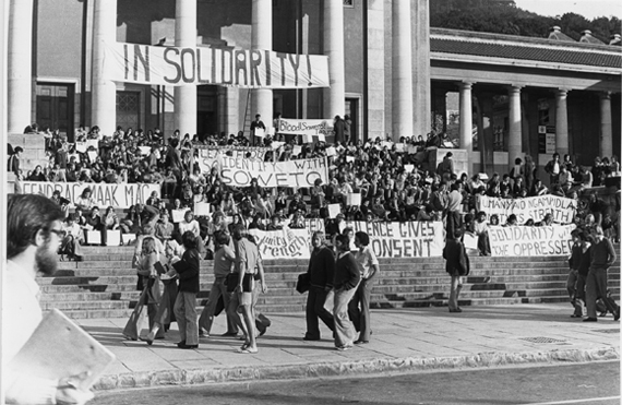 The 1976 Soweto uprising was a pivotal moment in South Africa's history. Here students gather on Jammie Steps to show their solidarity, calling for an end to police brutality and Afrikaans as a medium of instruction in schools.