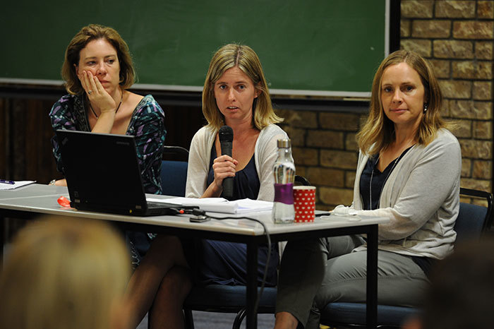 (From left) Sarah Crawford-Browne, Gem Patten and Dr Kathryn Stinson speaking at a health sciences seminar on Ebola. (Photo by Michael Hammond.)